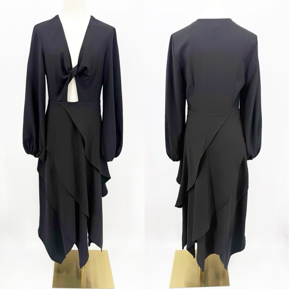 Bcbgmaxazria‎ Black Asymmetrical Flounce Midi Dress Cutout Long Sleeve 4 Elegant - Picture 2 of 8